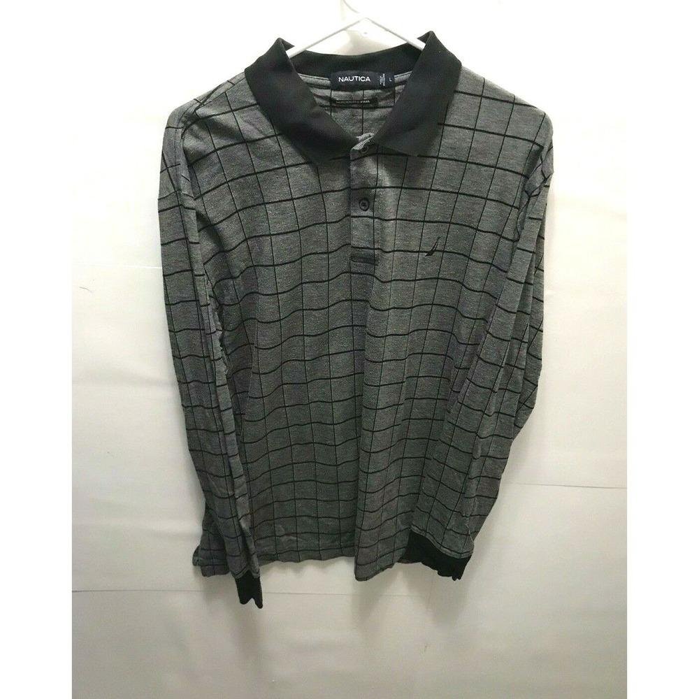 Nautica Mens Casual Shirt L/G Large Black And  Gray Checkered.